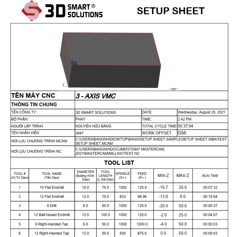 Setup Sheet (phiếu công nghệ) trong Mastercam