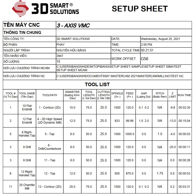 Setup Sheet (phiếu công nghệ) trong Mastercam